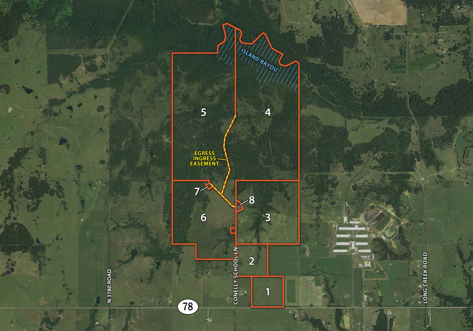 Image: Parcel map of 1100 acre Durant, OK ranch for sale at auction Sept 2023.